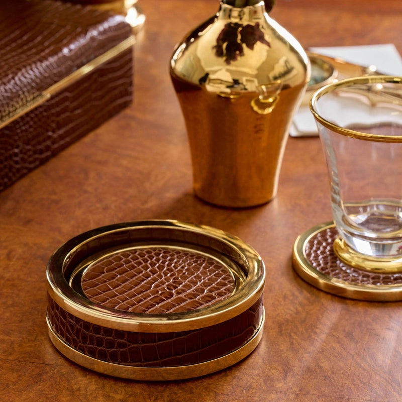 Aerin Classic Croc Leather Coasters, Chestnut, Set of 4