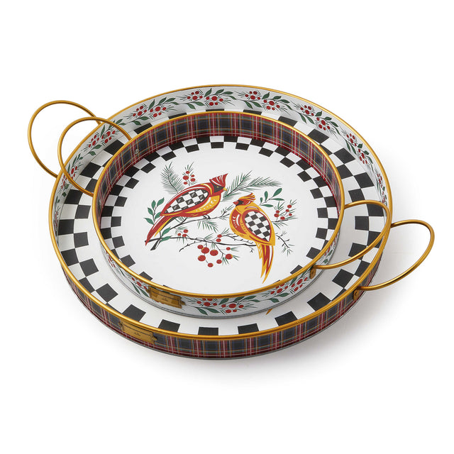 Mackenzie-Childs Holiday Cardinal Round Metal Serving Trays, Set of 2