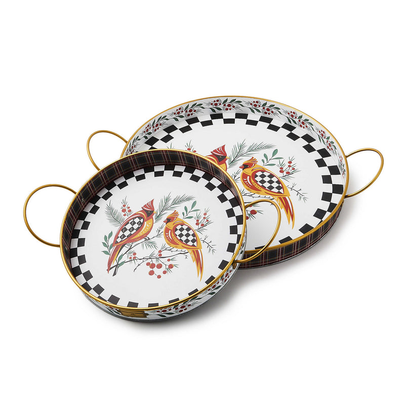 Mackenzie-Childs Holiday Cardinal Round Metal Serving Trays, Set of 2