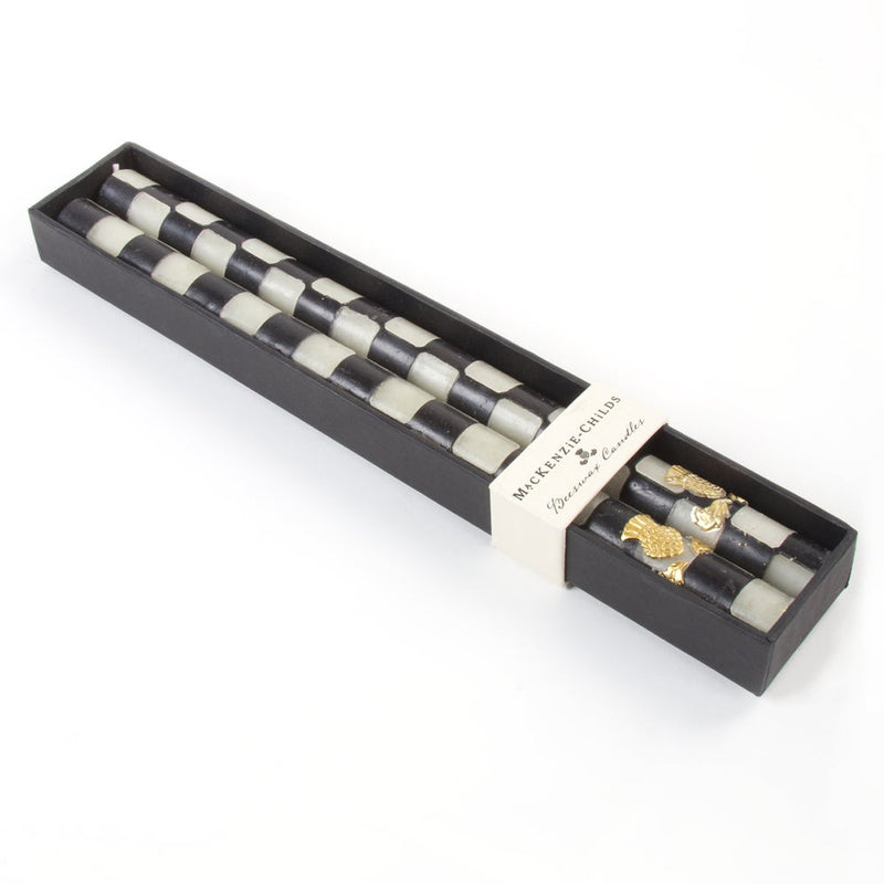Mackenzie-Childs check dinner candles, black and ivory, set of 2 in gift box