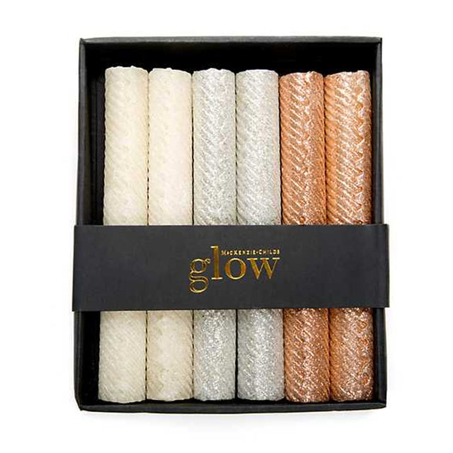 Mackenzie-Childs Mini Dinner Candles Rose Gold, Silver, & Pearl, Set of 6
