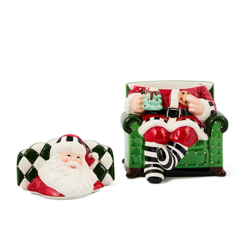 Mackenzie-Childs Check It Out Santa In Chair Cookie Jar