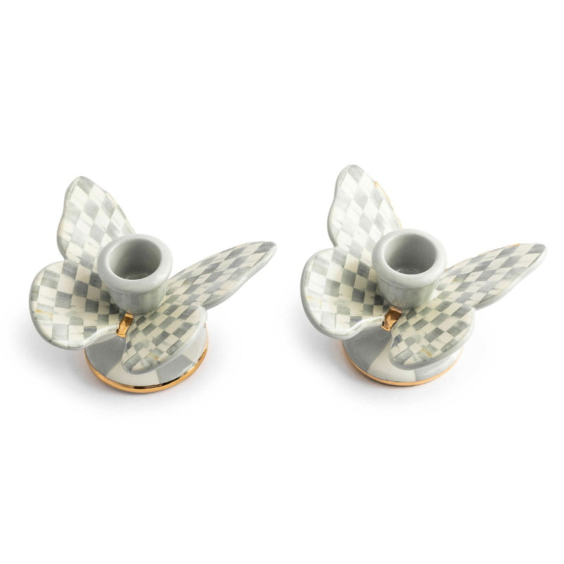 Mackenzie-Childs Sterling Check Butterfly Candle Holders, Set Of 2
