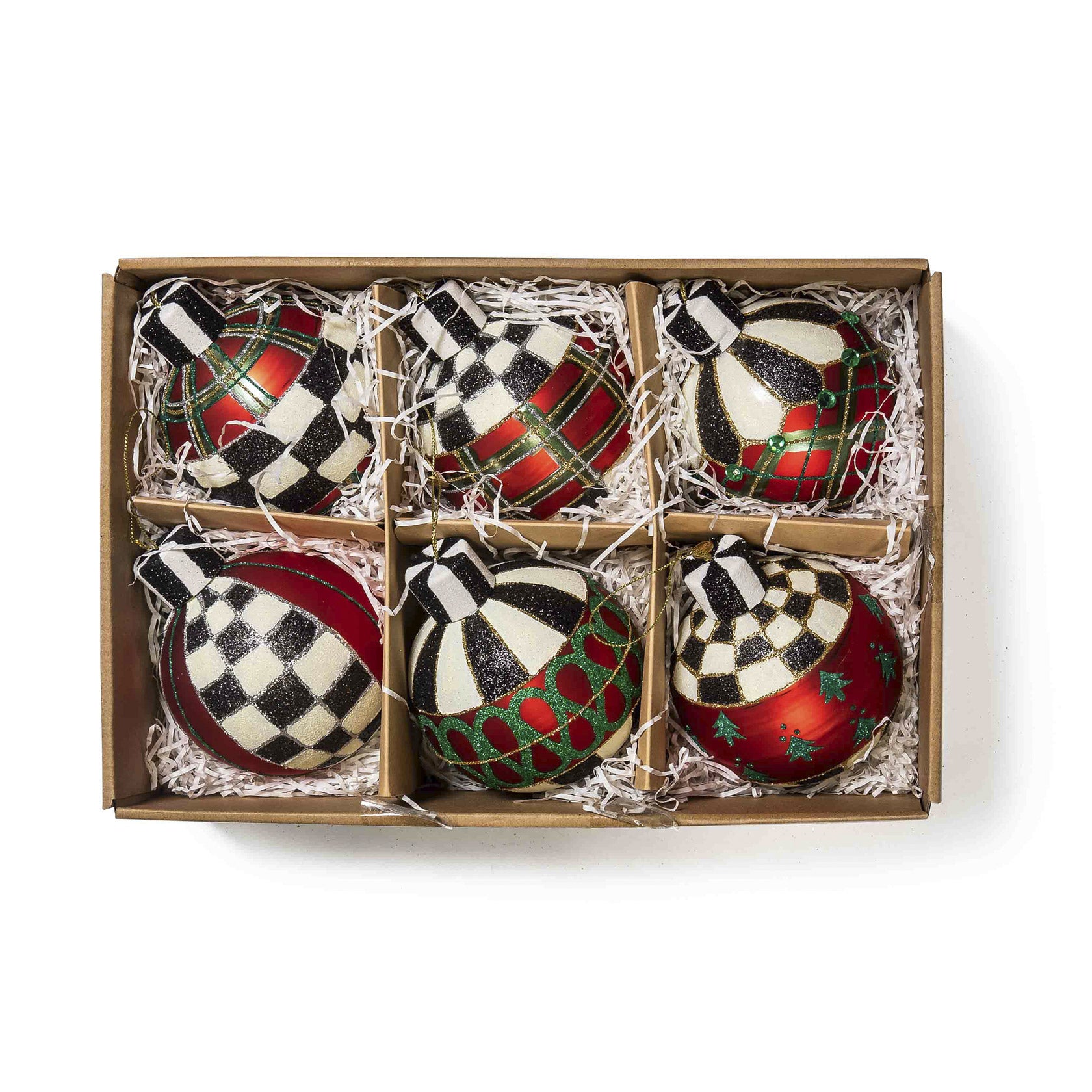 Mackenzie Childs Tartan Glass Large Ball Ornaments, Set of 6