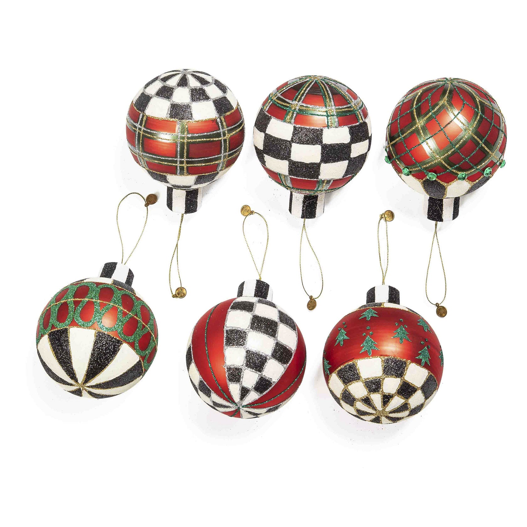 Mackenzie Childs Tartan Glass Large Ball Ornaments, Set of 6