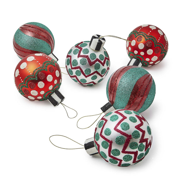 Mackenzie-Childs Cozy Christmas Glass Ball Hanging Ornaments, Set of 6