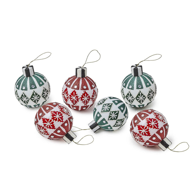 Mackenzie-Childs Cozy Christmas Snowflake Glass Ball Hanging Ornaments, Set of 6