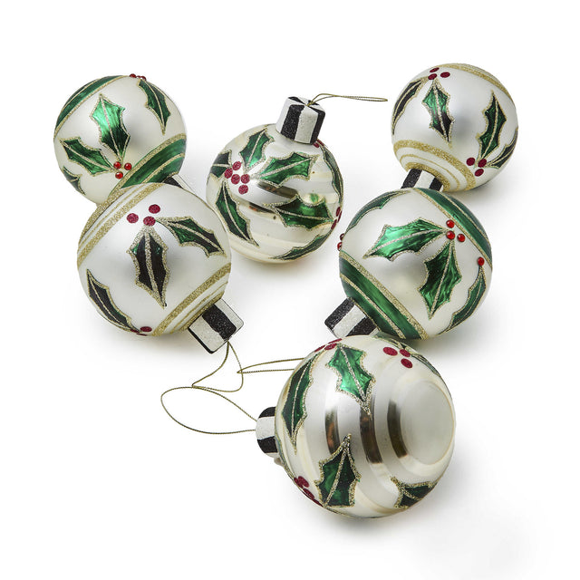 Mackenzie-Childs Holly Leaf Glass Ball Hanging Ornaments, Set of 6