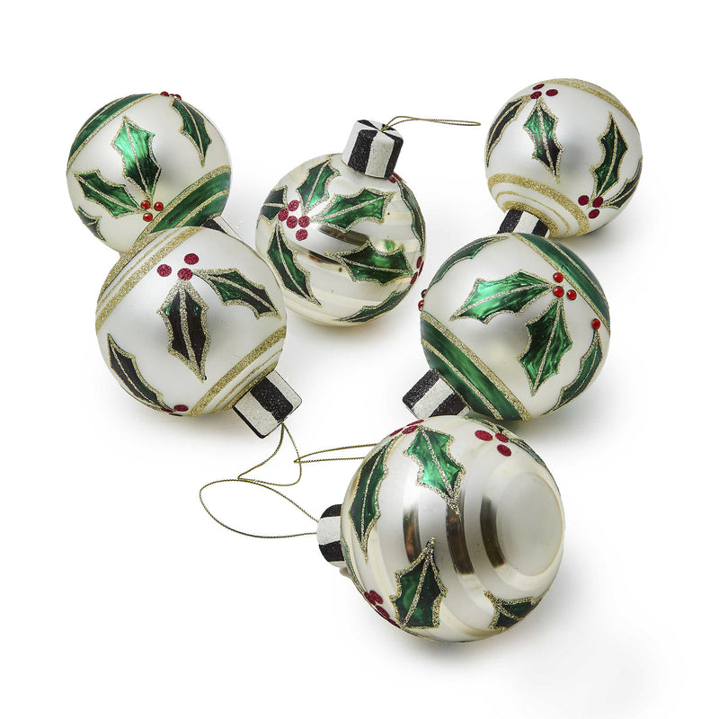 Mackenzie-Childs Holly Leaf Glass Ball Hanging Ornaments, Set of 6
