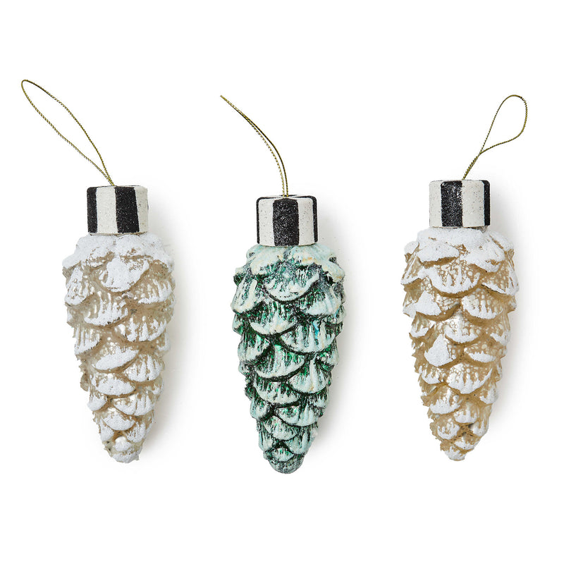 Mackenzie-Childs Farmhouse Pinecone Glass Hanging Ornaments, Set of 3