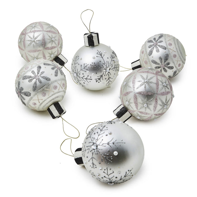 Mackenzie-Childs Crystal Palace Snowflake Glass Ball Hanging Ornaments, Set of 6