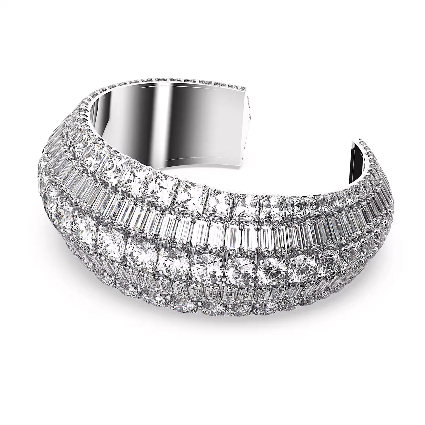 Swarovski Hyperbola cuff, Mixed cuts, Medium, White, Rhodium