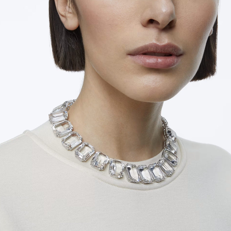 Swarovski Millenia necklace, Oversized crystals, Octagon cut, White, Rhodium plated