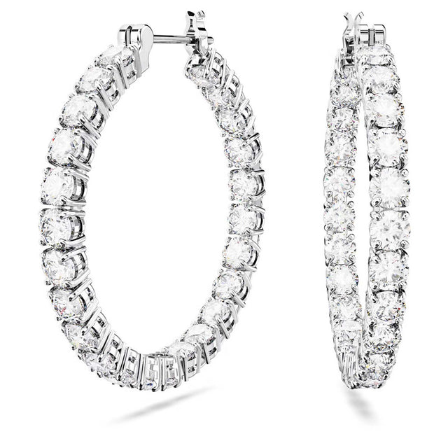 Swarovski Matrix large hoop earrings, Round cut, White, Rhodium plated