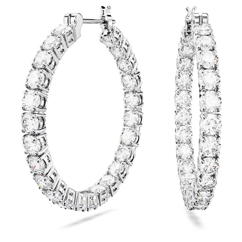 Swarovski Matrix large hoop earrings, Round cut, White, Rhodium plated