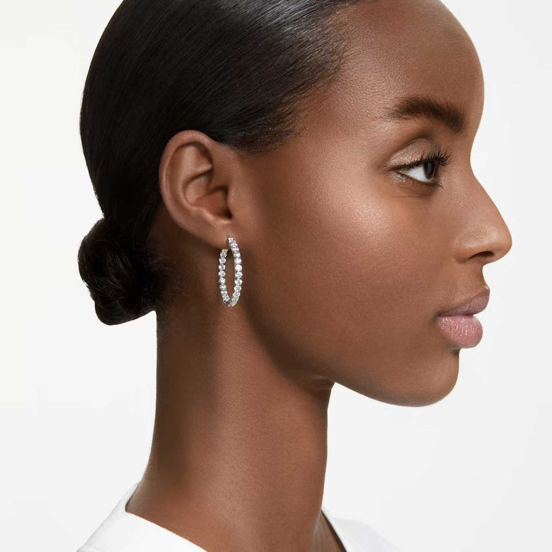 Swarovski Matrix large hoop earrings, Round cut, White, Rhodium plated