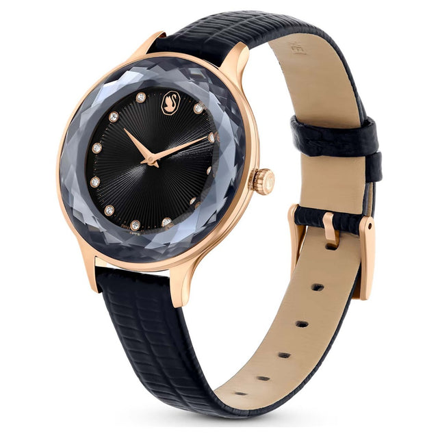 Swarovski Octea Nova Watch, Swiss Made, Leather Strap, Black, Rose Gold-tone Finish
