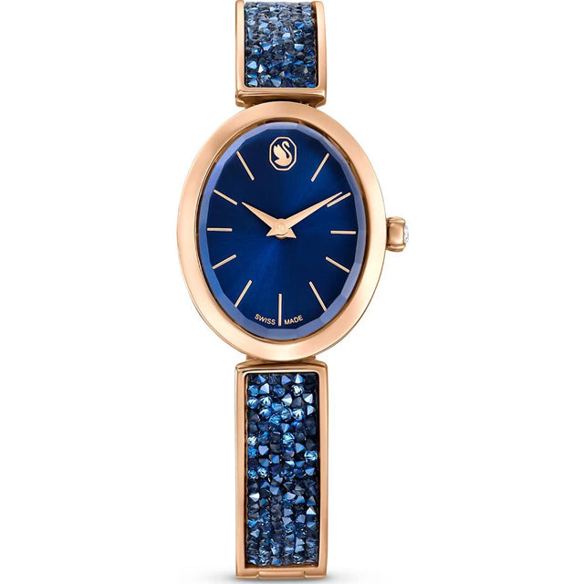 Swarovski Crystal Rock Oval watch, Swiss Made, Metal bracelet, Blue, Rose gold-tone finish
