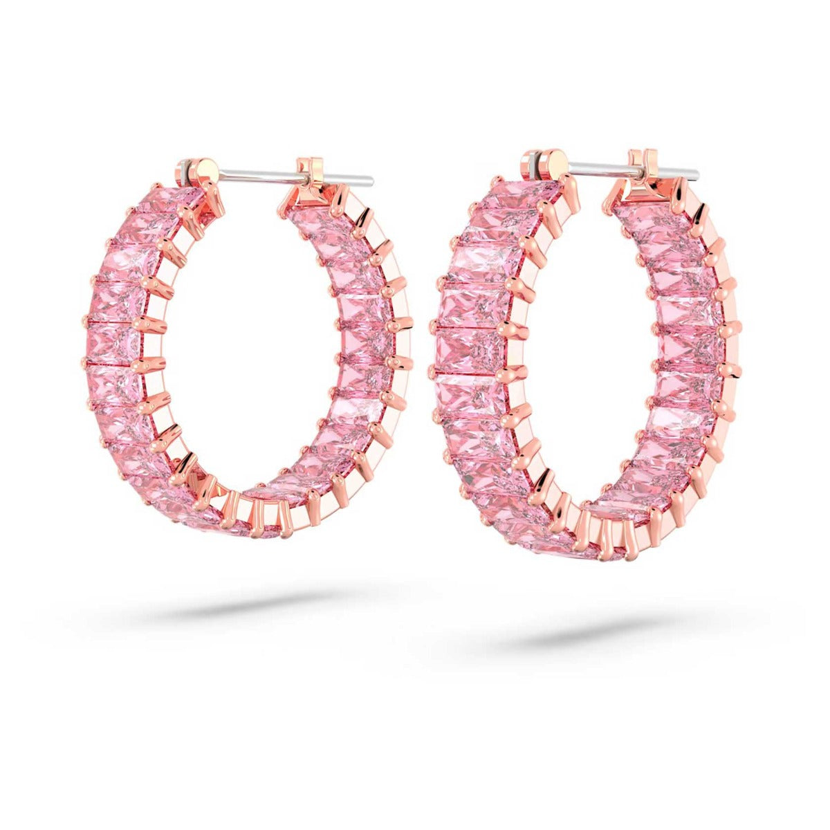 Swarovski Matrix hoop earrings, Baguette cut, Pink, Rose gold-tone pla ...
