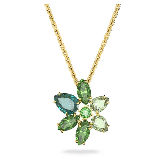Swarovski Gema pendant, Mixed cuts, Flower, Green, Gold-tone plated
