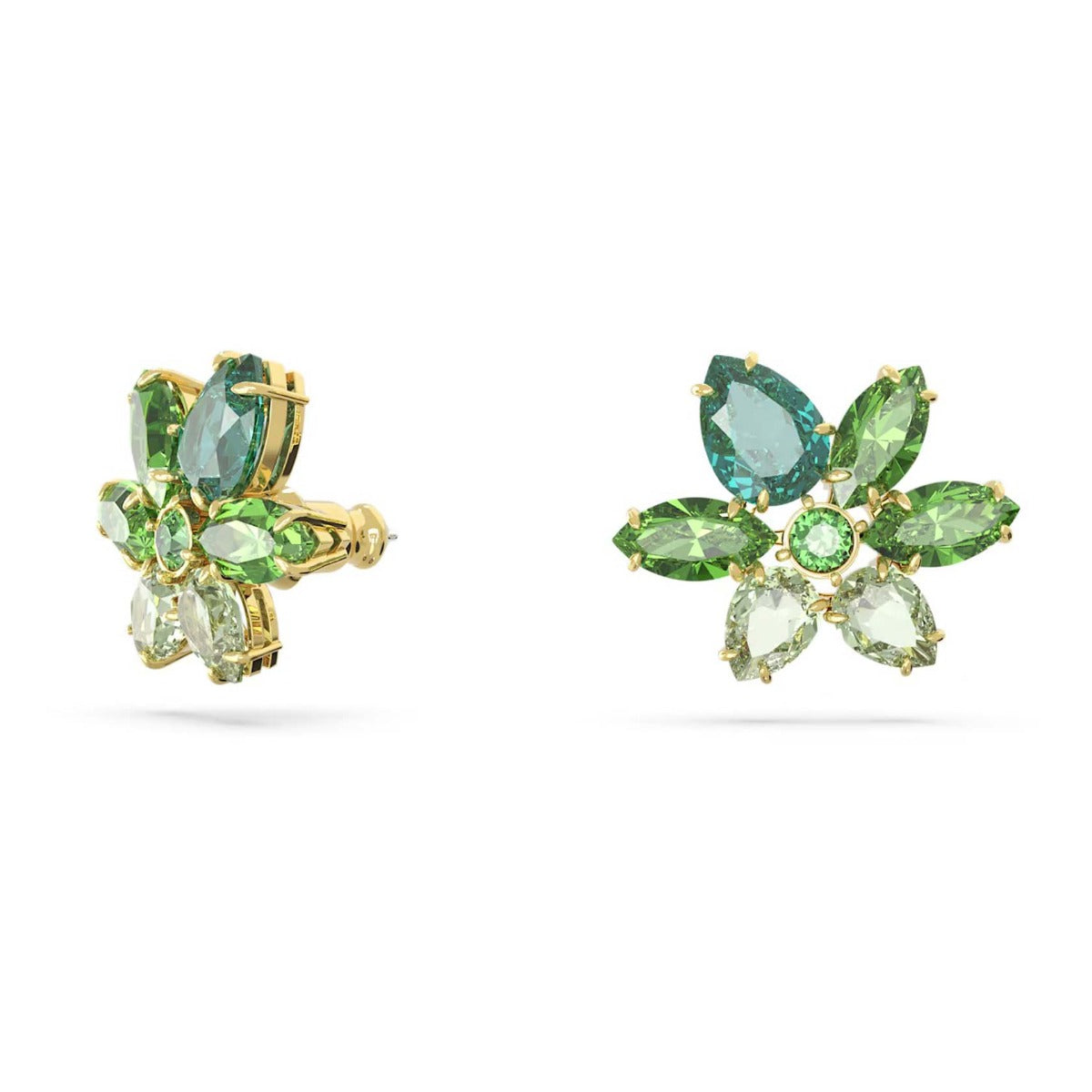 Swarovski Gema stud earrings, Mixed cuts, Flower, Green, Gold-tone pla ...
