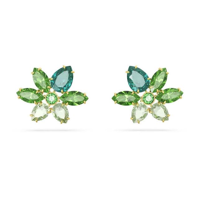 Swarovski Gema stud earrings, Mixed cuts, Flower, Green, Gold-tone plated
