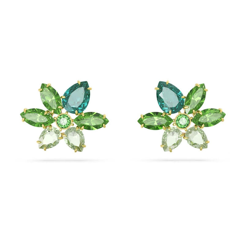 Swarovski Gema stud earrings, Mixed cuts, Flower, Green, Gold-tone plated
