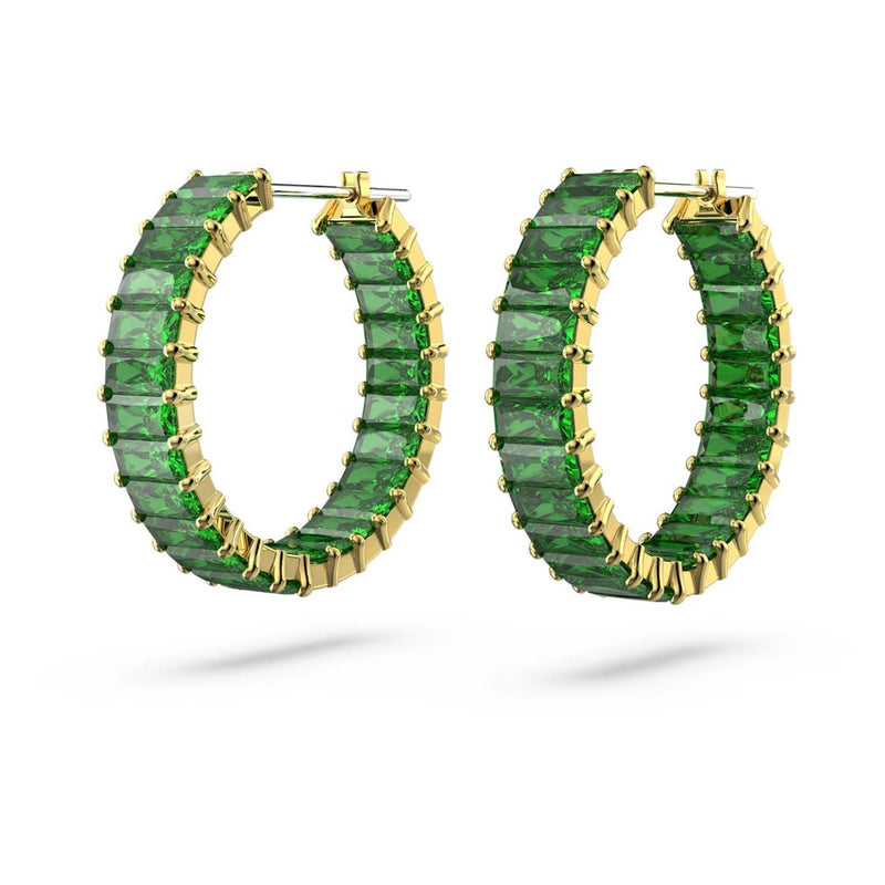 Swarovski Matrix hoop earrings, Baguette cut, Green, Gold-tone plated
