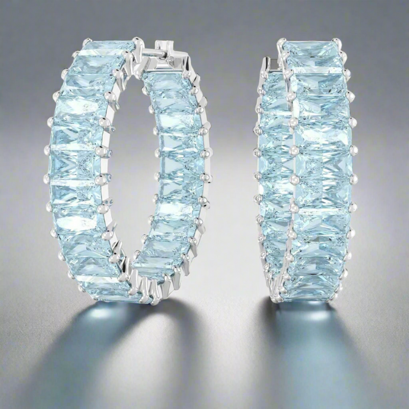 Swarovski Matrix hoop earrings, Baguette cut, Blue, Rhodium plated