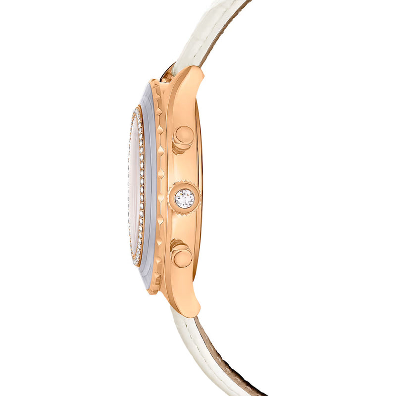 Swarovski Octea Chrono watch, Swiss Made, Leather strap, White, Rose gold-tone finish