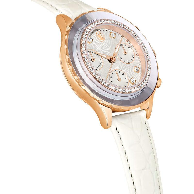 Swarovski Octea Chrono watch, Swiss Made, Leather strap, White, Rose gold-tone finish