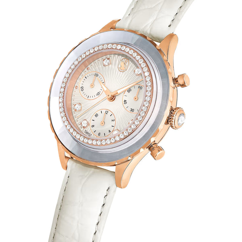 Swarovski Octea Chrono watch, Swiss Made, Leather strap, White, Rose gold-tone finish