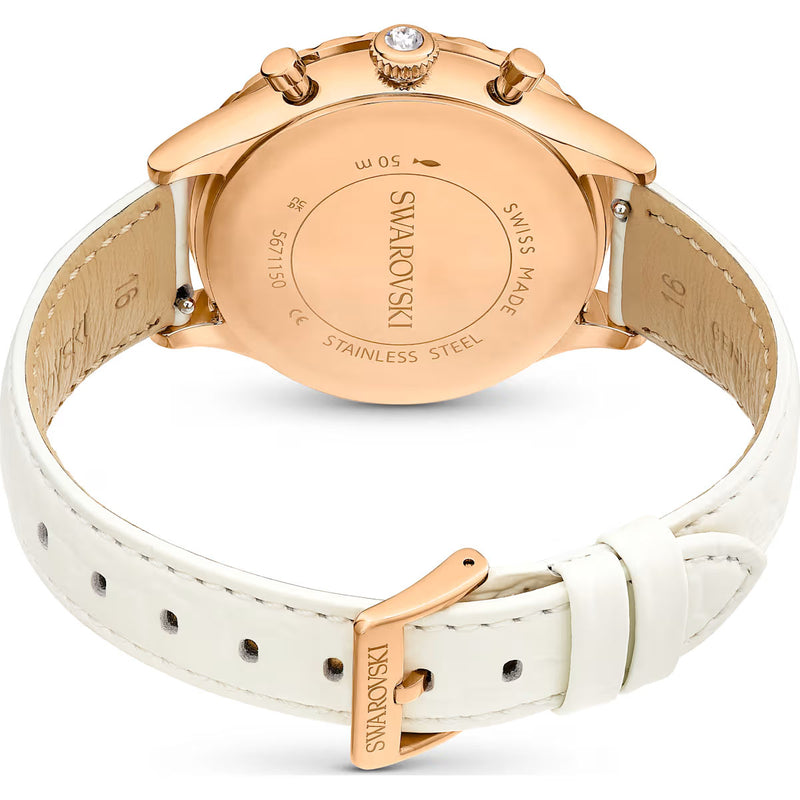 Swarovski Octea Chrono watch, Swiss Made, Leather strap, White, Rose gold-tone finish
