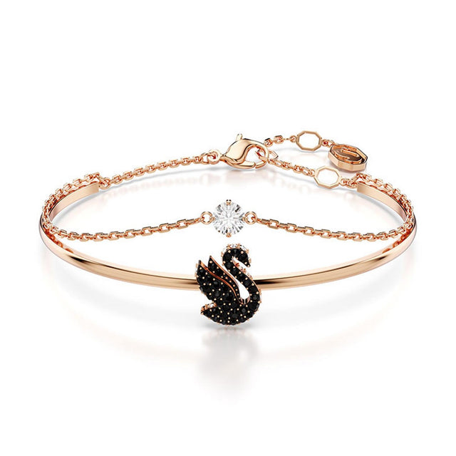 Swarovski Iconic Swan bangle, Swan, Black, Rose gold-tone plated