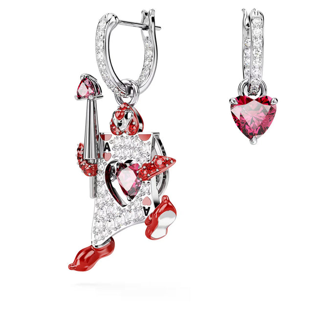 Swarovski Alice in Wonderland drop earrings, Asymmetrical design, Playing card, Red, Rhodium plated