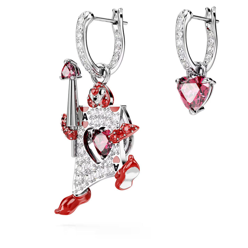 Swarovski Alice in Wonderland drop earrings, Asymmetrical design, Playing card, Red, Rhodium plated