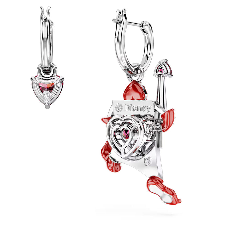 Swarovski Alice in Wonderland drop earrings, Asymmetrical design, Playing card, Red, Rhodium plated