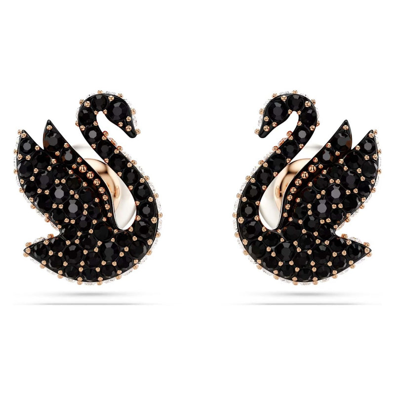 Swarovski Swan stud earrings, Swan, Black, Rose gold-tone plated
