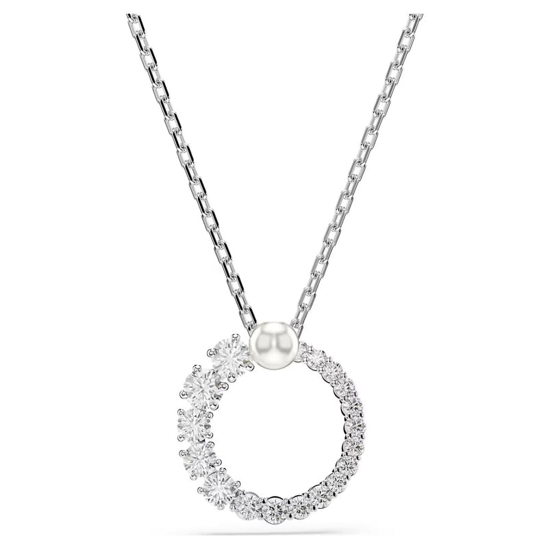 Swarovski Matrix swirl pendant, Crystal pearl, Round cut, White, Rhodium plated