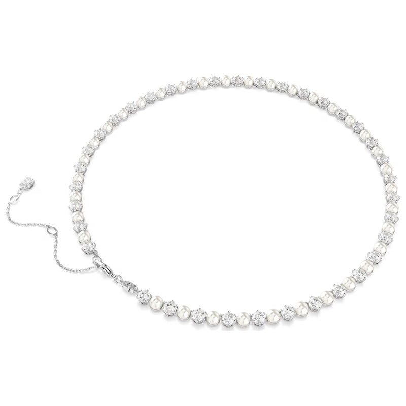 Swarovski Matrix Tennis necklace, Crystal pearl, Round cut, White, Rhodium plated