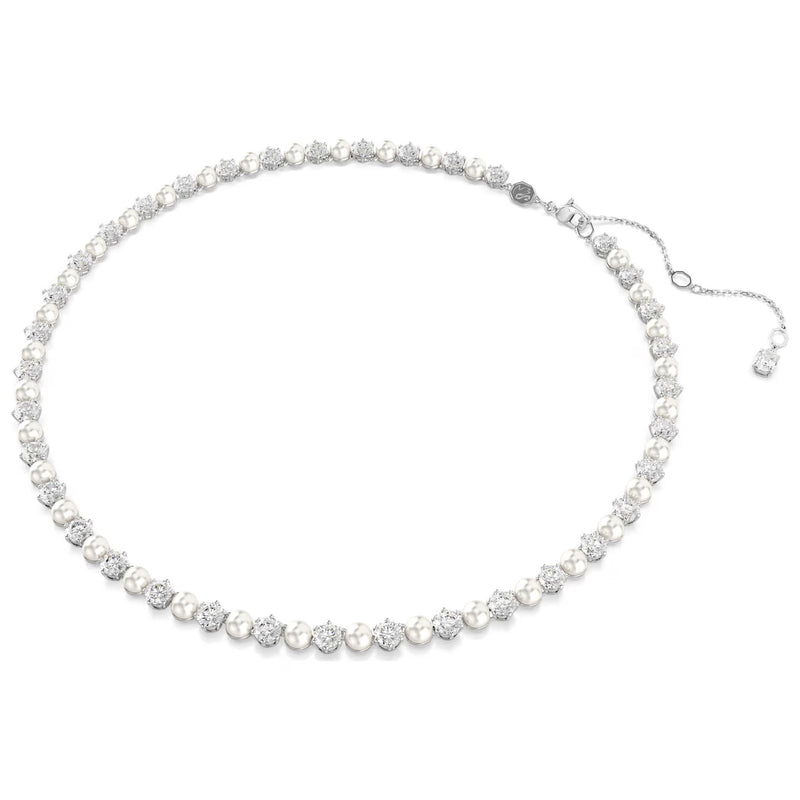 Swarovski Matrix Tennis necklace, Crystal pearl, Round cut, White, Rhodium plated
