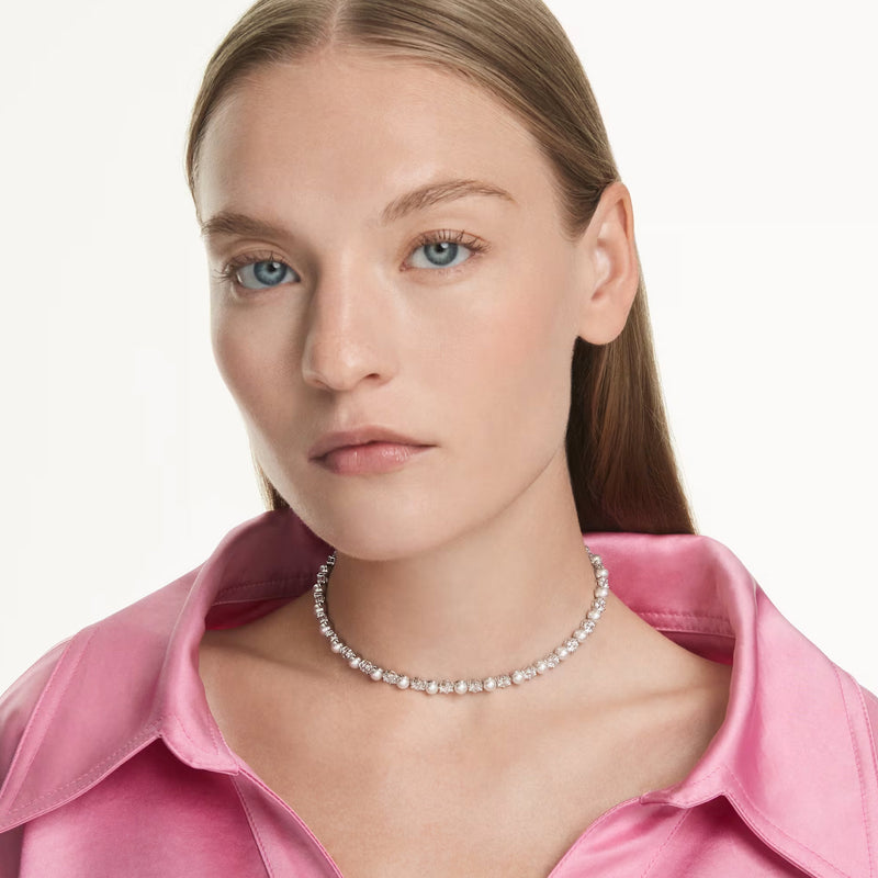 Swarovski Matrix Tennis necklace, Crystal pearl, Round cut, White, Rhodium plated