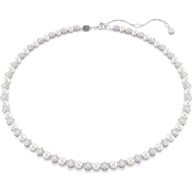 Swarovski Matrix Tennis necklace, Crystal pearl, Round cut, White, Rhodium plated