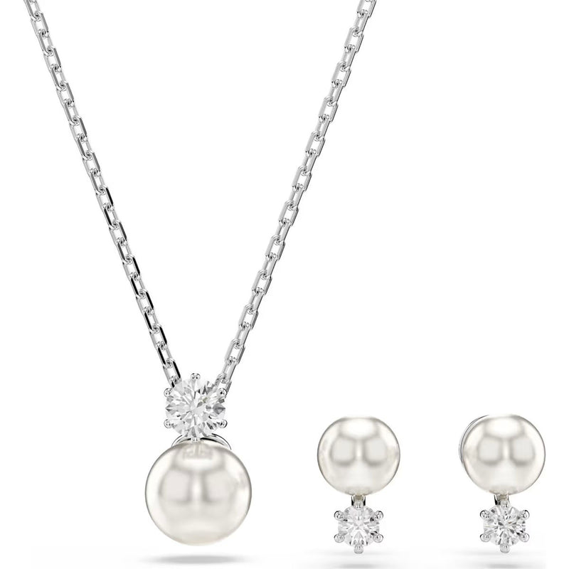 Swarovski Matrix set, Crystal pearl, Round cut, White, Rhodium plated