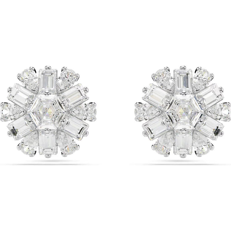 Swarovski Idyllia stud earrings, Mixed cuts, Snowflake, White, Rhodium plated
