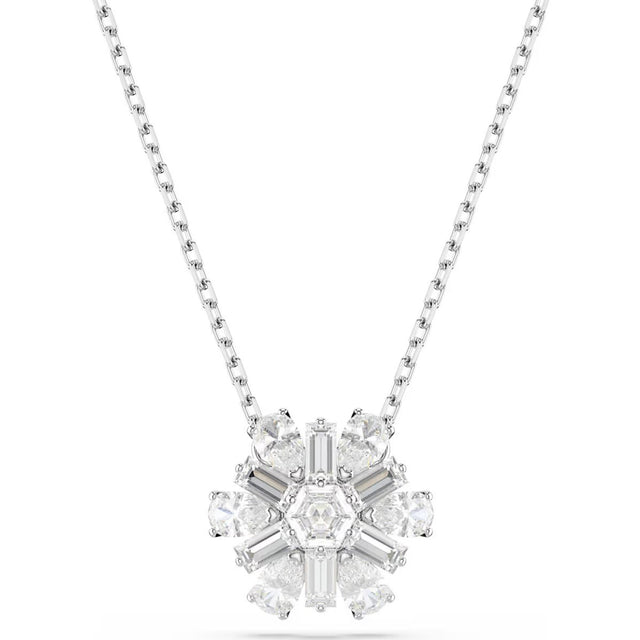 Swarovski Idyllia pendant, Mixed cuts, Snowflake, White, Rhodium plated