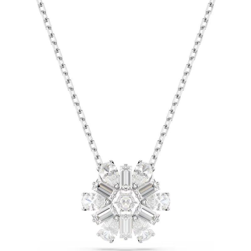 Swarovski Idyllia pendant, Mixed cuts, Snowflake, White, Rhodium plated