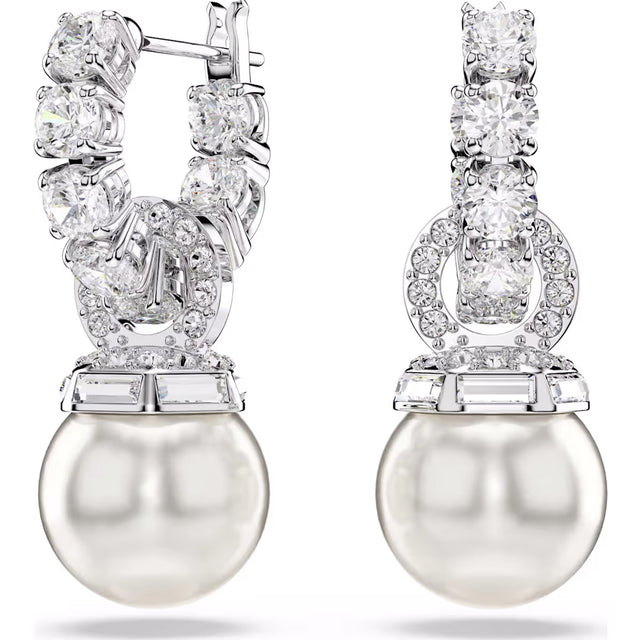 Swarovski Matrix drop earrings, Crystal pearl, Round cut, White, Rhodium plated