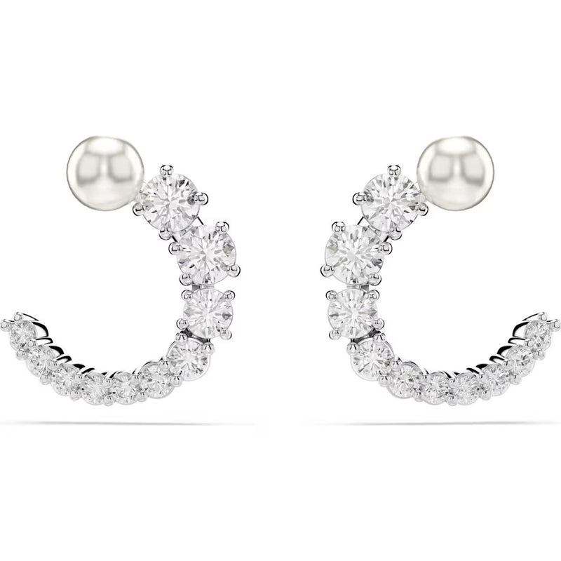 Swarovski Matrix hoop earrings, Crystal pearl, Round cut, White, Rhodium plated
