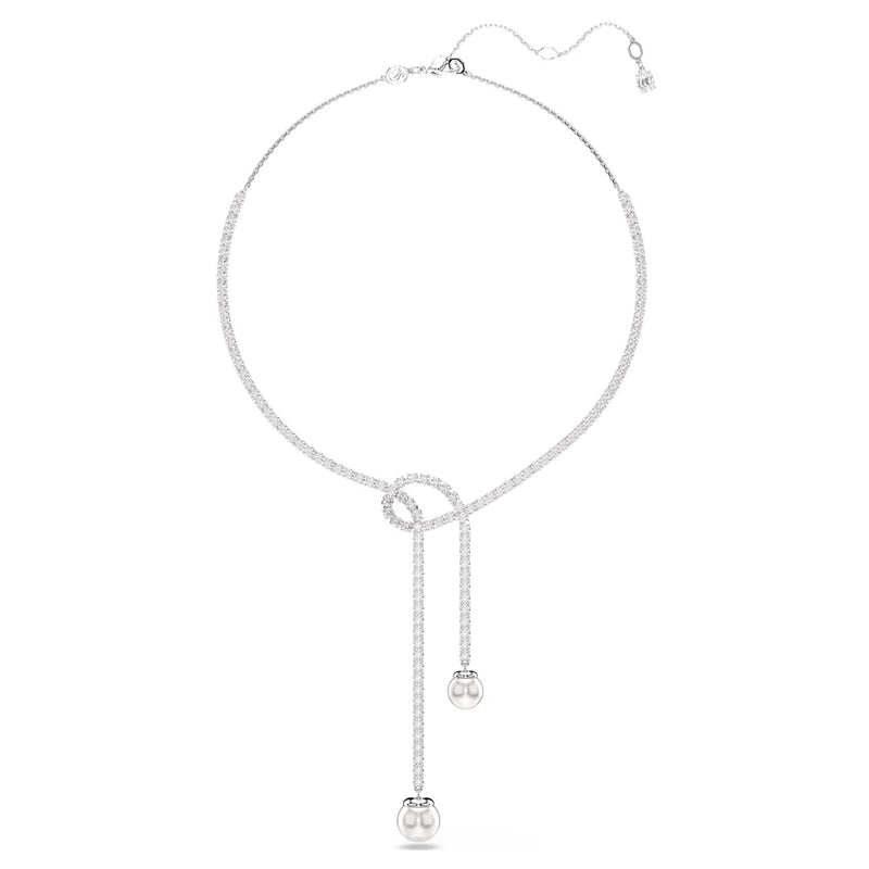 Swarovski Matrix Y necklace, Crystal pearl, Round cut, White, Rhodium plated
